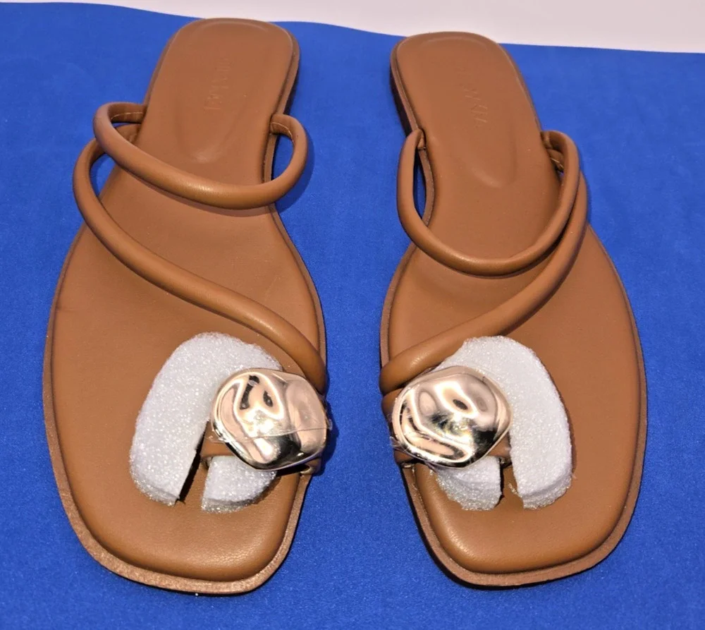 Womens Brown Slide Sandals Size 7 Gold Accent Flat Slip On NEW No Box